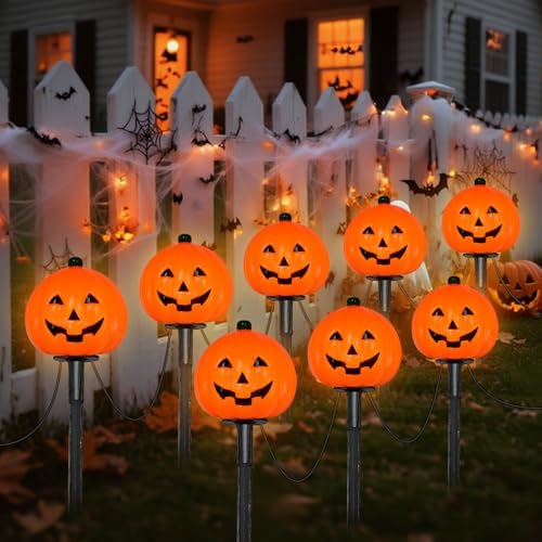 2 Sets 7Ft Halloween Decorations Pathway Lights Outdoor Pumpkin Stake Lights with 8 Jack-O Lantern Pumpkin Lights, 5 C7 LED Bulbs and 8 Stakes for Walkway Driveway Garden Lawn Lighting and Decor - Image 5