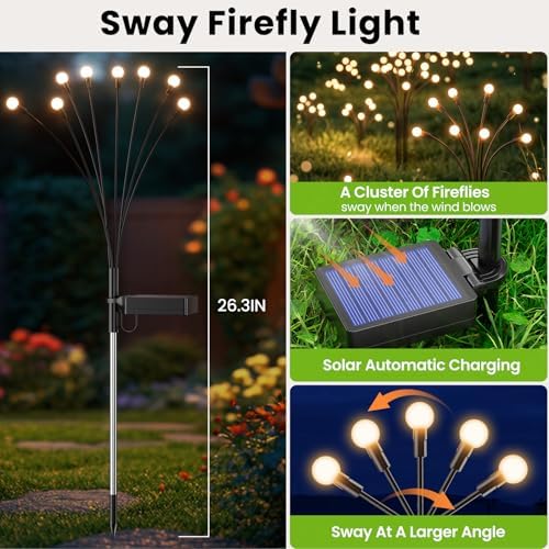 Solar Lights Outdoor(6 Pack,48 LEDs),Solar Lights Outdoor Waterproof for Garden Decor,4 Modes Firefly Light for Outdoor Decor,Big Bulb High Lumens Patio Decor,Sway by Wind,Gardening Gifts for Women - Image 3