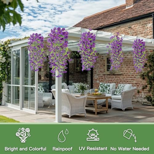 Artificial Flowers for Outdoors Fake Morning Glory Hanging Flower Decoration, 4 Pcs Realistic Faux Plants Petunias Trailing Vines, Spring Summer Decor for Porch Patio Balcony Planter Yard(Purple) - Image 6