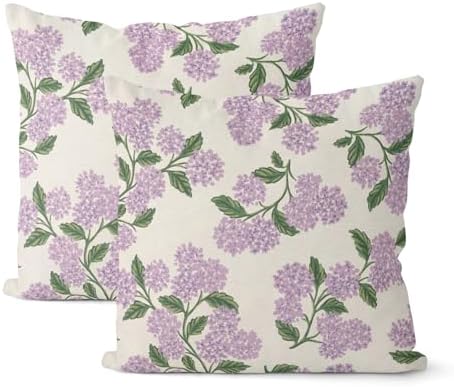 Purple Pink Pillow Covers 22x22 Inch 2 Pcs Green Hydrangea Flower Decor Throw Pillows Vintage Floral Seasonal Spring Summer Outdoor Decoration Pillowcase Linen Cushion Cover for Couch Sofa by DAFENA