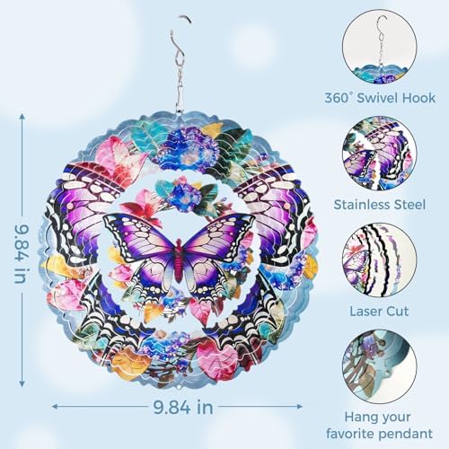Butterfly Wind Spinners Outdoor, 10 Inch Laser-Cut Stainless Steel Metal Wind Spinners, 3D Kinetic Hanging Sculpture, Metal Yard Art, Garden Decor, Butterfly Gifts for Women, Men, Mom, Grandma - Image 2