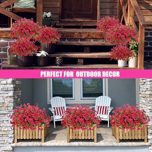 Sggvecsy Artificial Flowers for Outdoors 12 Bundles Realistic Faux Plants UV Resistant Fake Silk Daisy with Eucalyptus for Boxwood Planter Patio Porch Outside Spring Summer Decoration(Rose Red) - Image 6