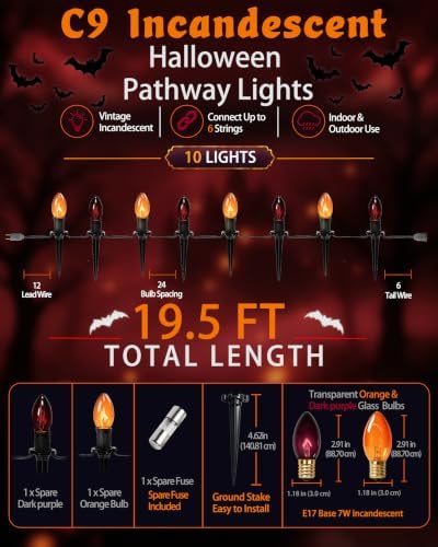Halloween Pathway Lights with 10 C9 Incandescent Glass Bulbs - Image 2