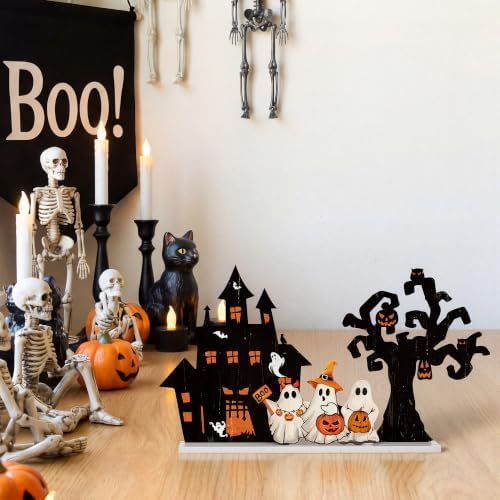 Smile Halloween Wooden Standing Decor Set Ghost Haunted House and Tree - Image 3