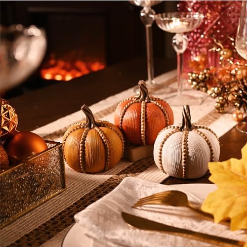 Valery Madelyn Fall Decorations for Home, Set of 3 Resin Fall Pumpkin Decor Indoor, Decorative Pumpkins Table Centerpieces Autumn Thanksgiving Halloween Decorations, 3.5 Inch - Image 3