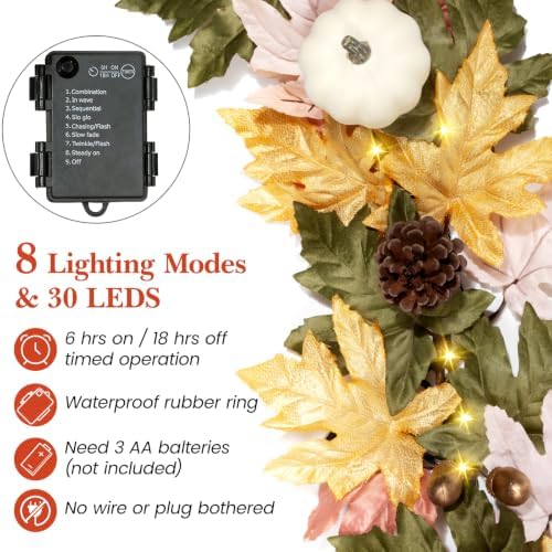 6 FT Fall Garland with 30 Lights & 8 Modes Timer, Pre-lit Lifelike Lighted Fall Maple Leaves Garland with Pumpkin Berries PineCones, Battery Operated Autumn Garland Decor for Mantle Table Thanksgiving - Image 3