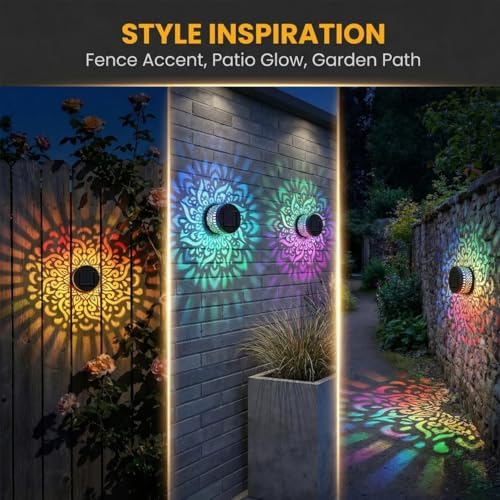 Lscsdf Seven-Color Changing Solar Mandala Projection Wall Light Decorative Solar Mandala Lights Outdoor Waterproof Metal Fence Lights for Yard Garden Post Patio Backyard Decor (4pcs) - Image 2