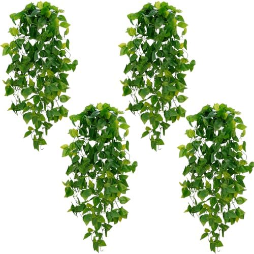 BLEUM CADE Fake Hanging Plants, 4pcs Artificial Pothos Vines Faux Plants Greenery for Wall Home Living Room Office Indoor Outdoor Decor (No Baskets) by BLEUMCADE