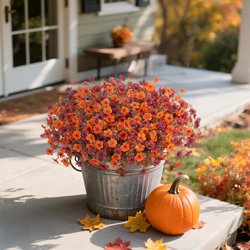 Ammyoo Fall Mums Artificial Flowers for Outdoors Potted, 12 Bundles Fake Fall Daisy Flower with Realistic Eucalyptus Leaves, Fake Plants for Greenery Boxwood Porch Patio Garden Pot Courtyard Lawn - Image 2