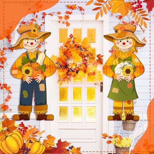 Shellwei 2 Pcs Fall Scarecrow Door Decor, Thanksgiving Welcome Hanging Sign - Image 4