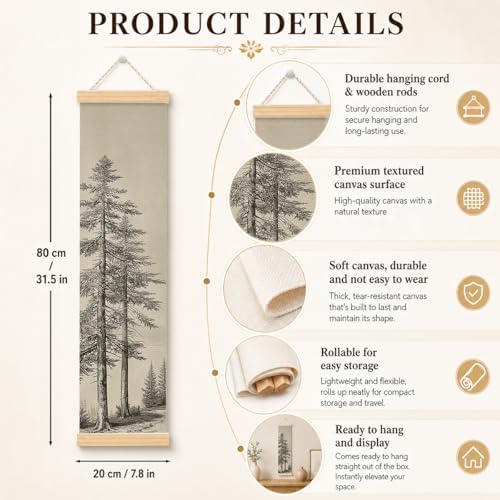 Pine Tree Porch Decor Banner, 31.5 x 7.8 Inch Canvas Hanging Banner with Wooden Rods, Black and White Forest Wall Accent for Cabin Entryway, Patio, Indoor Outdoor Display - Image 2