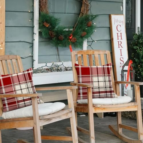 RABUSOFA Christmas Pillow Covers 18x18 Inch Indoor Outdoor Waterproof Set of 2 Buffalo Plaid Striped Holiday Decorative Cushion Cases for Xmas Red Christmas Decor Decorations Couch - Image 5