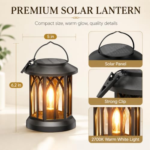 Solar Lanterns Outdoor Waterproof 2 Pack, Hanging Solar Lights with 2700K Warm LED Light, IP65 Solar Powered Lanterns with Clip, Auto On/Off Outdoor Lanterns for Garden Patio Yard Porch Decor - Image 2