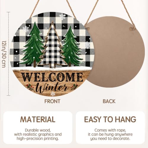 Winter Welcome Sign for Front Door Decor Christmas Plaid Trees Round Outdoor Hanging Wooden Door Sign for Porch Xmas Holiday Farmhouse Wreath Hanger Sign for Outside Indoor Wall Decoration 12"X12" - Image 2
