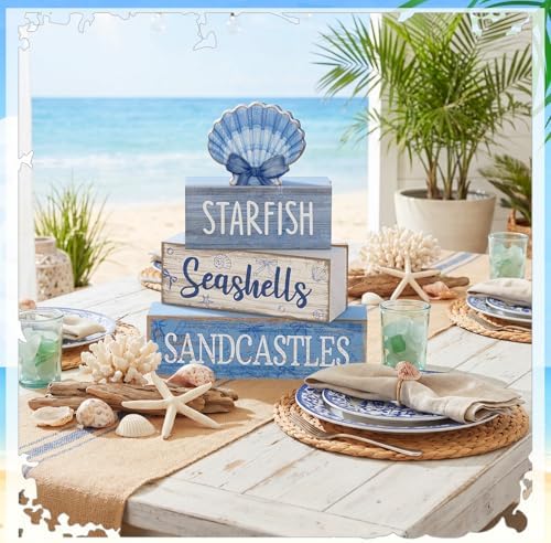Moucuny 4 Pcs Beach Wooden Signs Table Decor with Shell, Tiered Tray - Image 6