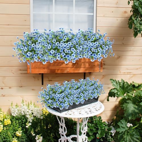 Sggvecsy Artificial Flowers for Outdoors 12 Bundles Realistic Faux Plants UV Resistant Fake Silk Daisy with Eucalyptus for Boxwood Planter Patio Porch Outside Spring Summer Decoration(Blue) - Image 5