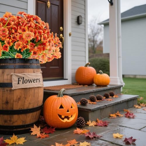 16 Bundles Artificial Mums Flowers for Outdorors, UV Protected No Fade Fall Flower for Porch Display Patio Garden Decor Autumn Thankgiving Halloween Decorations (Orange) - Image 4