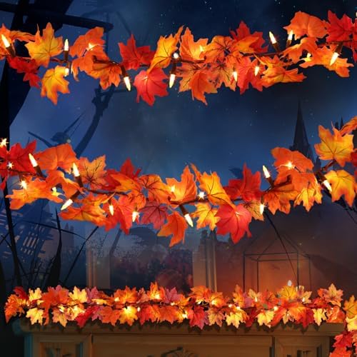 Thanksgiving Decorations Fall Maple Leaf String Lights 9FT Maple Leaves Lights 50 Orange Bulbs Lighted Fall Leaf Garland Lights Lighted Fall Garland Lights Halloween Fall Lights Indoor Outdoor by NUY+Nearly+Upon+You