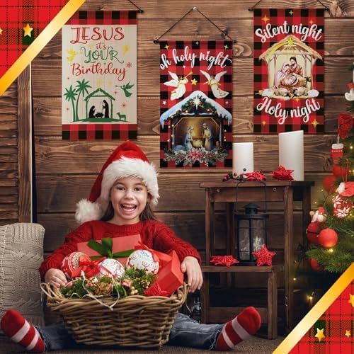 Tegeme 3 Pcs Nativity Christmas Door Sign Flag Christmas Holy Night Door Banner Jesus Nativity Flag 12 x 19 Inch Holiday Hanging Decoration for Home Outdoor - Image 6