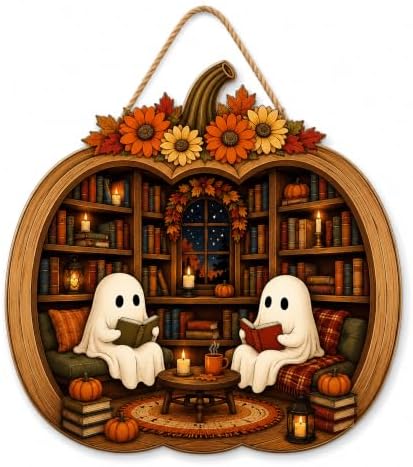 Halloween Pumpkin Book Stack Sign, Pumpkin Halloween Front Door Hanger, Spooky Wooden Sign for Indoor Outdoor Yard, Сute Ghost Home Decorations Signs by Unknown