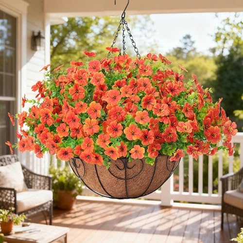 Artificial Fake Hanging Plants Flowers Basket Outdoors Summer Autumn Decor, Hanging Planter with Faux Silk Daisy Flowers Realistic UV Resistant for Outside Home Porch Front Patio Balcony Garden Orange - Image 2