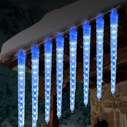 WATERGLIDE 16 Icicles Meteor Shower Lights, 12" Outdoor Icicle Christmas Lights 384 SMD LED Crystal Ice Falling Light, Connectable Raindrop Iciclelight, Xmas Winter Party Tree Holiday Decor, Blue - Image 2