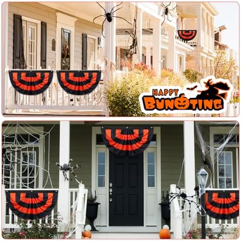 Newwiee 8 Pcs Flag Bunting Black Orange Halloween Bunting Half Fan Hanging Pleated Flag Banner with 3 Grommets 3 x 1.5 ft for Halloween Indoor Outdoor House Holiday Yard Decorations Party - Image 6