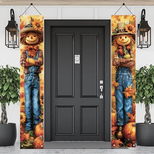 2PCS Fall Porch Sign Scarecrow Porch Banner Autumn Harvest Door Decoration Thanksgiving Front Door Decor Rustic Farmhouse Vertical Outdoor Hanging Banner for Porch Entryway 71 x 12 Inch - Image 3