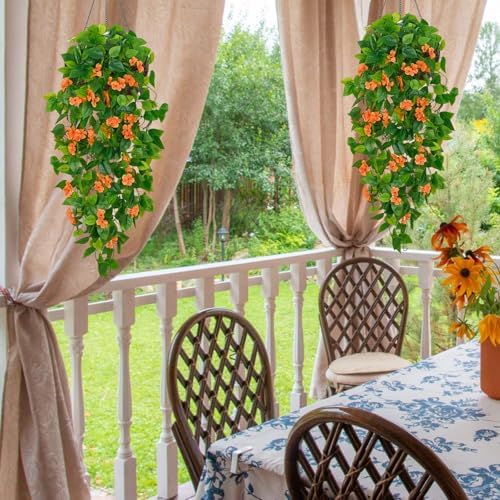BLEUM CADE Artificial Hanging Flowers for Outdoors, 2pcs Fake Hanging Plants Pothos Vines with Orange Flowers for Wall Home Living Room Indoor Outdoor Fall Decor (No Baskets) - Image 6