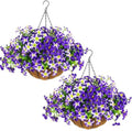 2 Set Artificial Petunias Flowers with Hanging Baskets, 24 Pcs Silk Petunia UV Resistant Purple Faux Petunias Flowers with Hanging Planter for Front Door Porch Spring Outside Decor (2, Purple) by DaynightFloral