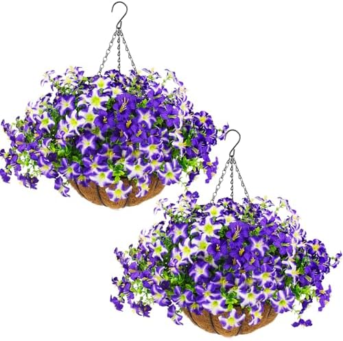2 Set Artificial Petunias Flowers with Hanging Baskets, 24 Pcs Silk Petunia UV Resistant Purple Faux Petunias Flowers with Hanging Planter for Front Door Porch Spring Outside Decor (2, Purple) by DaynightFloral