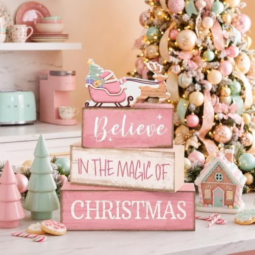 Moucuny 4 Pcs Christmas Table Decoration Pink Santa Sleigh Stacked Wooden Sign Decor Christmas Tiered Tray Decor Decorative Santa Claus Elk Block Sign Gift Farmhouse Xmas Centerpiece for Home Kitchen - Image 2