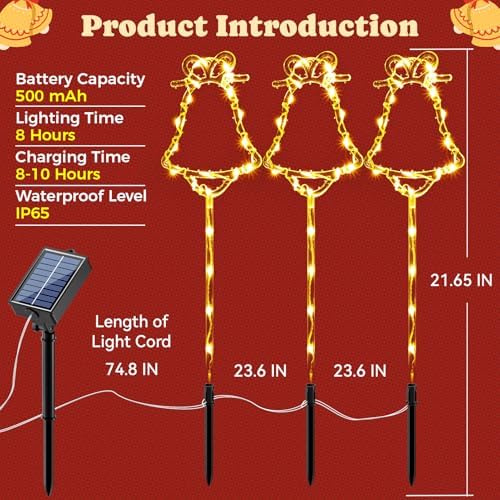 6 Packs Christmas Bell Solar Garden Lights with 8 Light Modes, 21.65 Inches Tall Christmas Outdoor Light with 20 LEDs Each, Solar Outdoor Xmas Decor for Garden, Path, Patio (Warm White) - Image 3