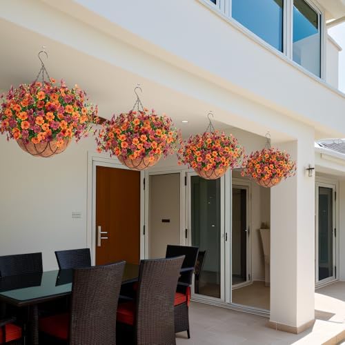 INXUGAO Artificial Silk Flowers Hanging Baskets for Outdoors Indoors, Daisy with Eucalyptus Leaves Arrangement for Garden Yard Decor, Faux Green Plant in Metal Coconut Lining Flowerpot(Orange Brown) - Image 5