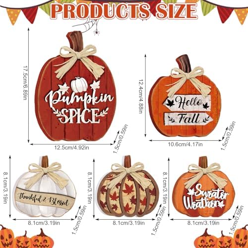 5 Pcs Hello Fall Pumpkin Decor for Home Autumn Wooden Table Centerpiece - Image 3
