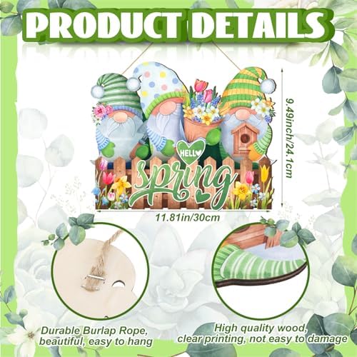 Barydat Spring Door Sign Tulip Gnome Wreath for Front Door Wreath Truck Gnome Welcome Hanger Wooded Hanging Wall Sign for Home Summer(Gnome) - Image 3