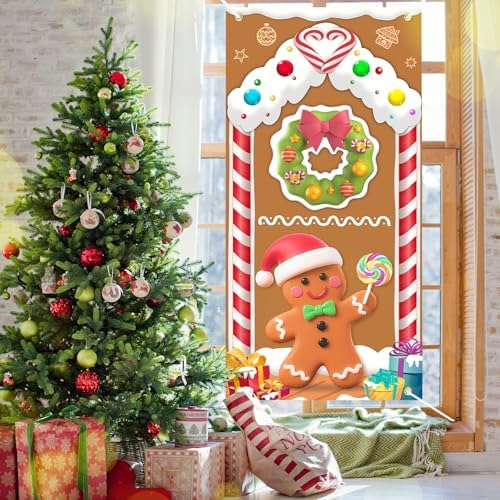 Christmas Door Cover Gingerbread Man Decoration Xmas Large Photography Background Banner Porch Sign for Winter Ginger Bread House Indoor Outside Front Door Banner Farmhouse Party Supplies 6 x 3 Feet - Image 7