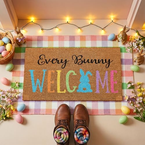 Duraaamo 2 Pcs Easter Coir Doormat Outdoor Rug Bunny Rabbits Welcome Door Mat Layered Buffalo Plaid Colorful Checkered Rug Coir Easter Mat for Outdoor Front Porch Entryway Decor - Image 5