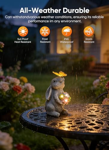Brightown-Solar-Rabbit-Garden-Decor-Statue with 6 LED Lights, Hand-Painted Resin, IP65 Waterproof Outdoor Decor for Patio, Lawn & Yard Decorations, Unique Mothers Day Gifts for Mom Women - Image 6