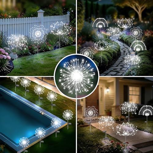 Solar Garden Lights Outdoor, 4 Pack 120 LED Twinkling Firework Lights Decorative with 2 Modes, Outdoor Waterproof Solar Starburst Light for Yard Pathway Planter Patio Decor, White - Image 5