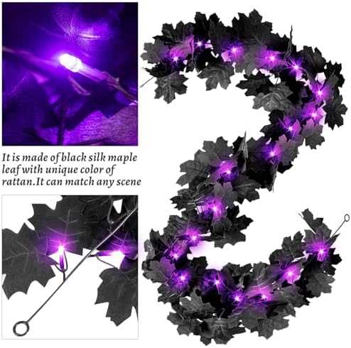 Halloween Black Leaf Garland with Purple Lights, 2 Pack - Image 2