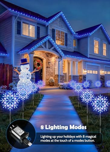 Brightown Large Snowflake Pathway Lights,Total 20-Pack 34" Outdoor Snowflake Christmas Lights Decor for Yard, 8 Modes Sidewalk Marker Stake for Driveway Walkway, IP44 Waterproof, Blue and White - Image 3