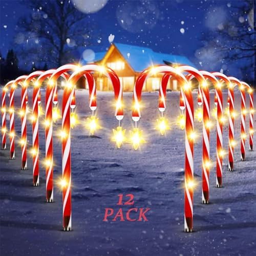 12 Pack Outdoor Christmas Decorations Solar Candy Cane Lights Solar Christmas Pathway Lights Outdoor Waterproof with Star & Bright LED 8 Modes Xmas Decorations for Outside Yard Garden by createyourdreamgarden