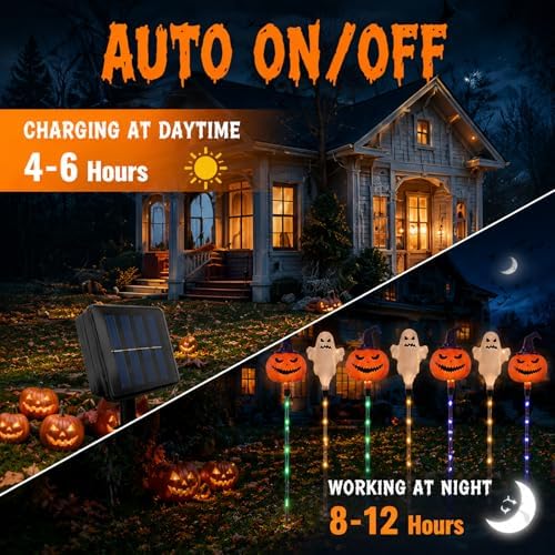 Halloween Decorations Outdoor Solar Lights, 6pcs Ghost Pumpkin Lights with 3 Lighting Modes, Solar Stake Lights Outdoor Waterproof, LED Landscape Light for Garden Pathway (Orange - Pumpkin+Ghost) - Image 4