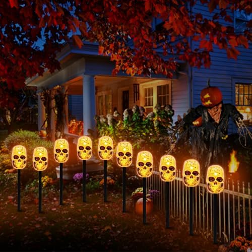 LAMPHOME Halloween Pathway Lights Outdoor, 5PCS Skull Halloween Decorations Outdoor Yard, Pathway Marker Stake Lights for Patio Ground Path Sidewalk Walkway Driveway - Image 5