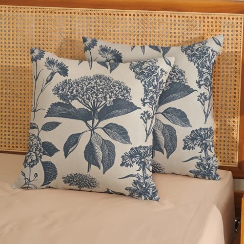 Navy Blue Pillow Covers 18x18 Inch 2 Pcs Boho Vintage Floral Decor Throw Pillows Hydrangea Flower Seasonal Outdoor Farmhouse Neutral Accent Decoration Pillowcase Linen Cushion Cover for Couch - Image 2