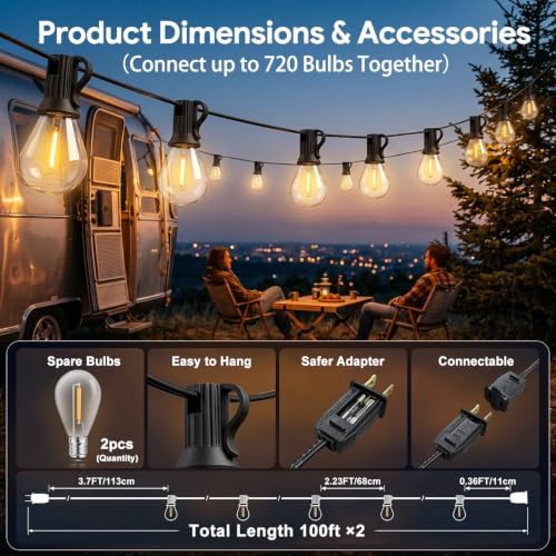 200FT 2‑Pack Dimmable Outdoor String Lights, with LED Vintage Edison Bulbs - Image 2