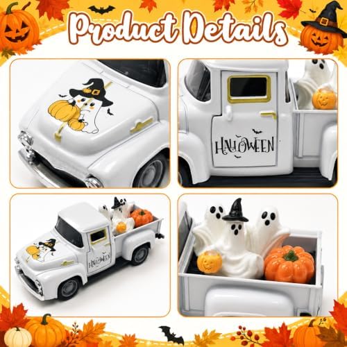 Halloween Vintage Metal Pickup Truck Decor with Ghost and Pumpkin Figurines, 5.7 Inch White Farmhouse Tabletop Decoration, Spooky Halloween Centerpiece for Tiered Tray, Mantel, Shelf and Party - Image 4