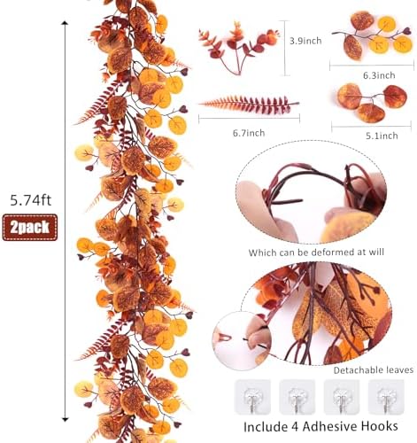 RECUTMS 2P Fall Eucalyptus Leaf Vine with Boston Fern 5.74FT Autumn Garland - Image 3