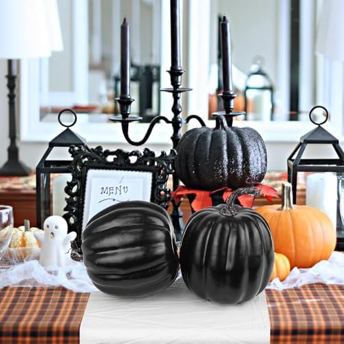 Artmag 6 Inch Large Artificial Pumpkins, 4PCS Big Black Faux Foam Harvest Pumpkins for Fall Autumn Thanksgiving Seasonal Holiday Decor - Image 3